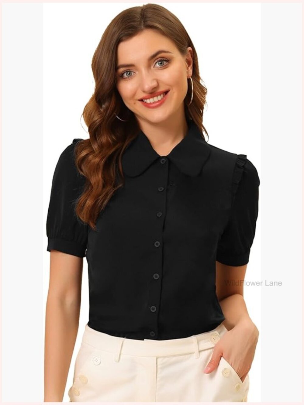 Peter Pan Collar Puff Sleeve Button Down Shirt Blouse Vintage Work Top